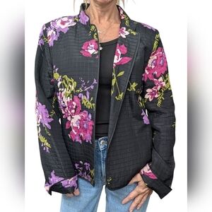NEXX Silk Linen Floral Blazer Jacket Black Pink Purple Vintage Style Size L